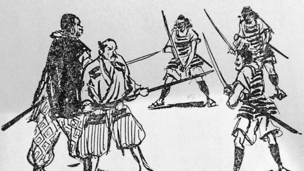 Grayscale drawing of samurai wielding swords against each other