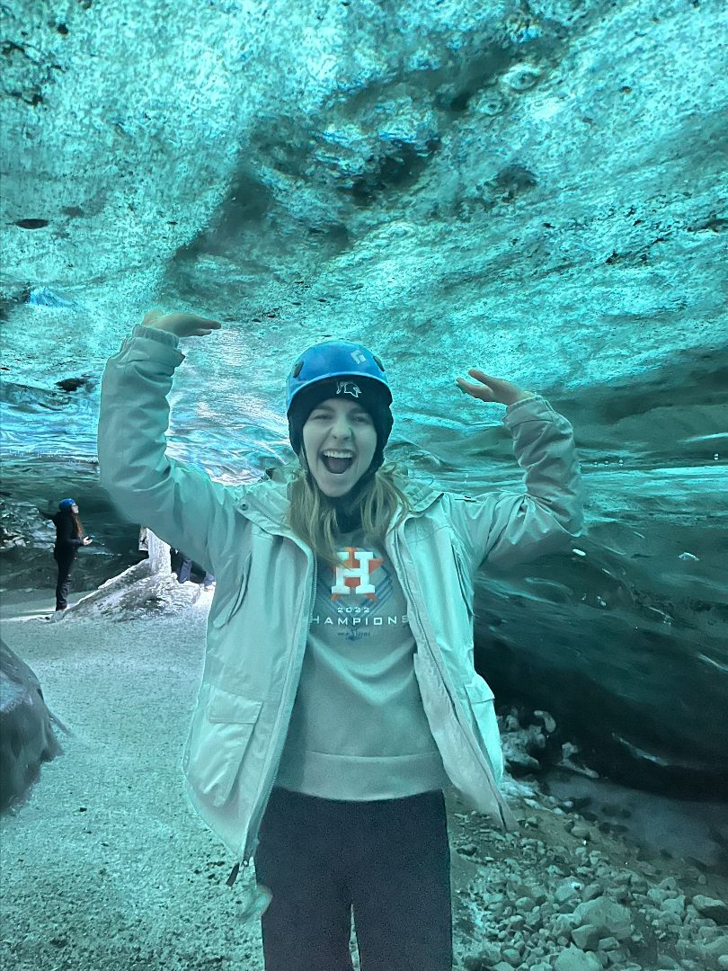 Anna in an ice cave in Iceland