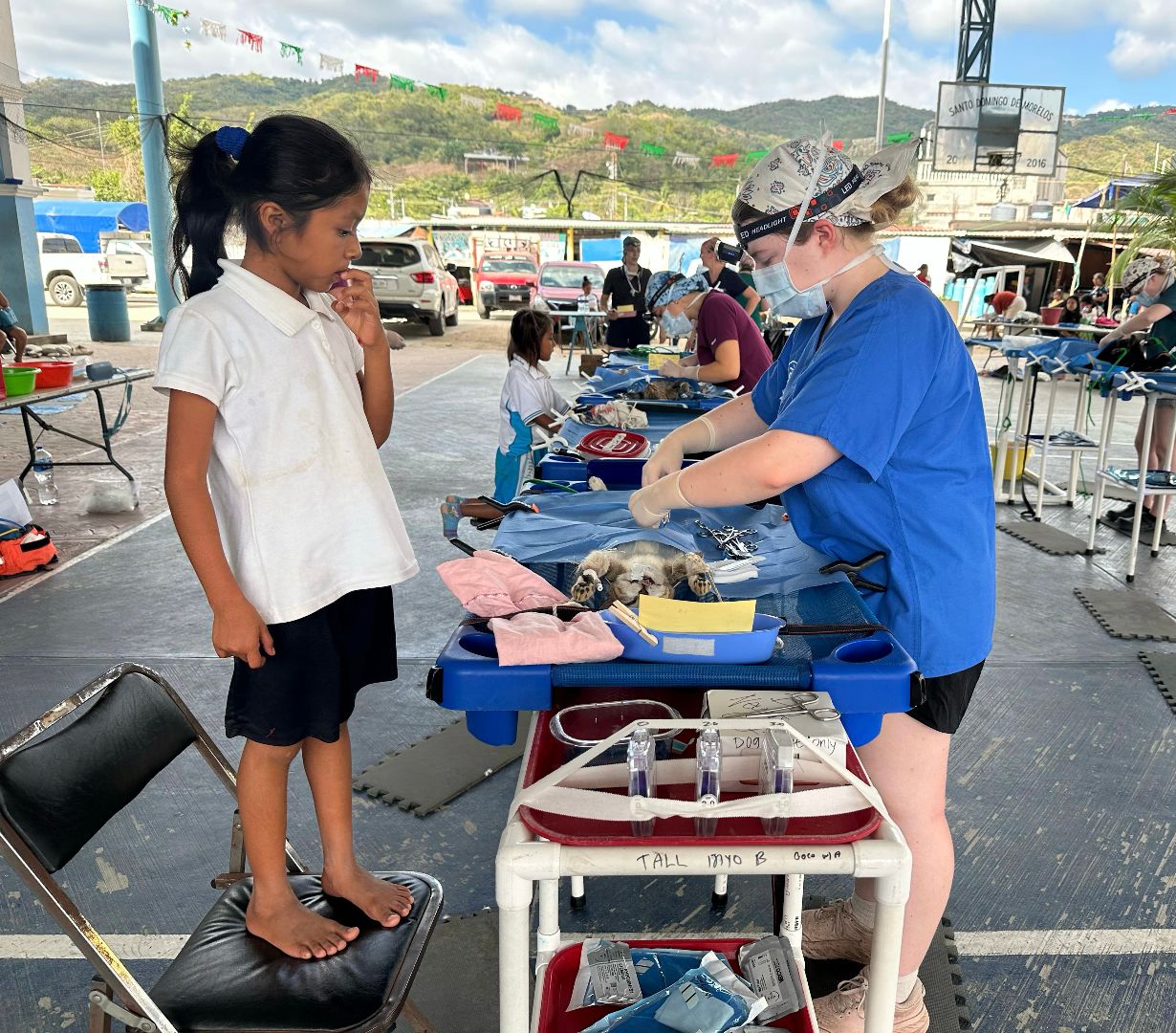 Makayla performing a spay surgery on a cat while a local girl watches