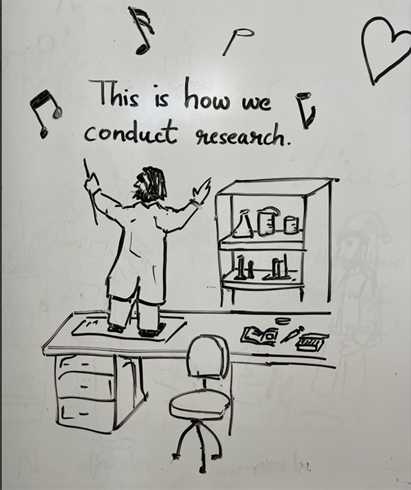 Cartoon of a scientist conducting beakers and flasks like an orchestra, singing "This is how we conduct research."