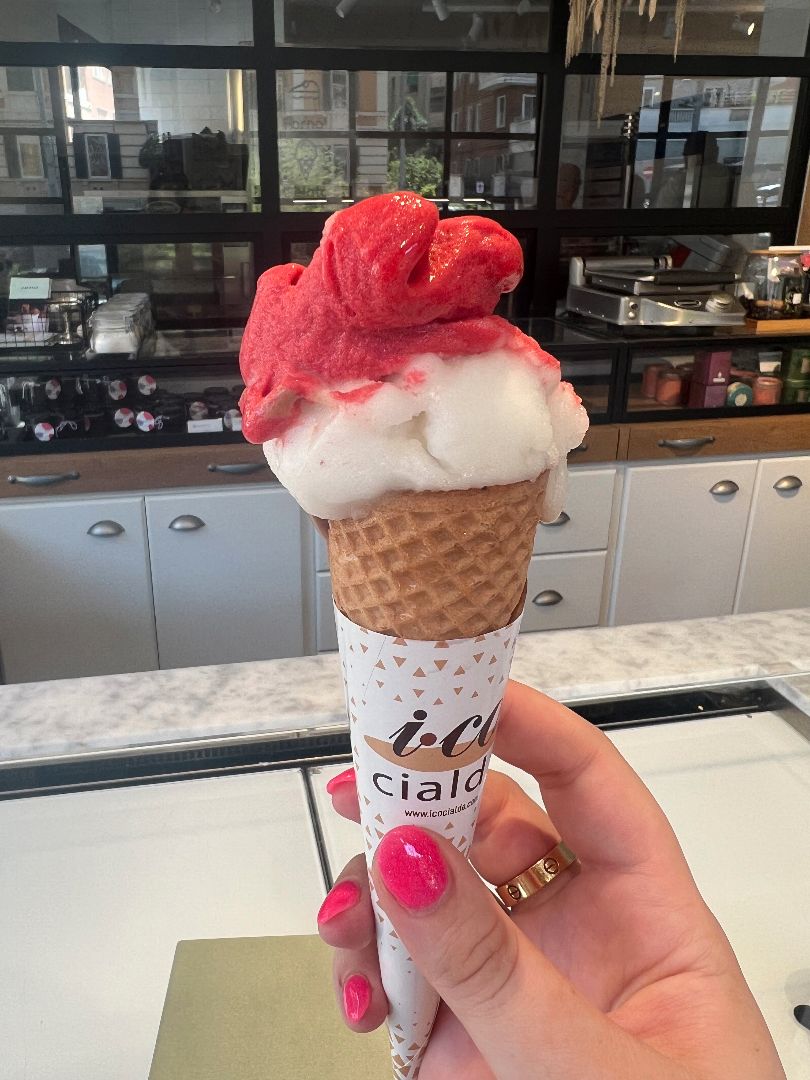 Gelato cone with red and white gelato