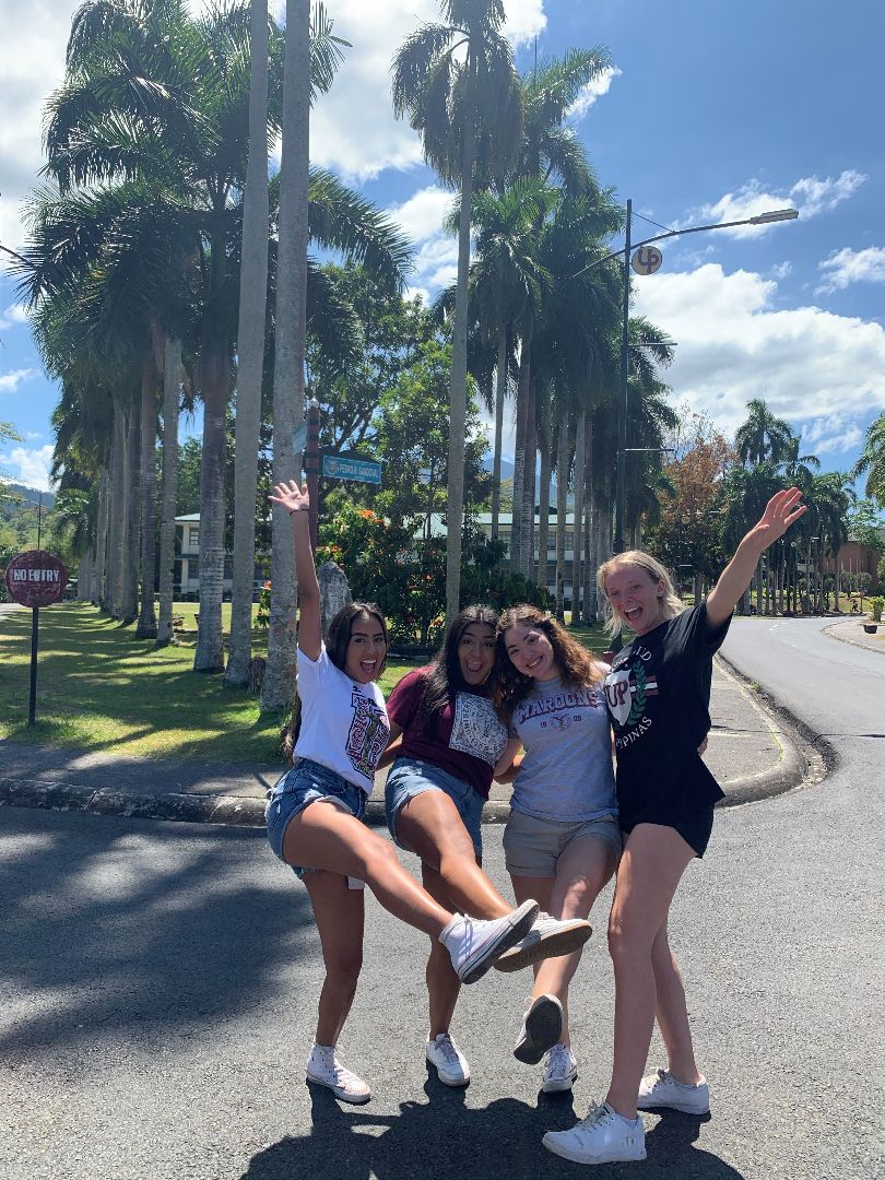 Group of students standing by palm trees on UPLB campus in the Philippines