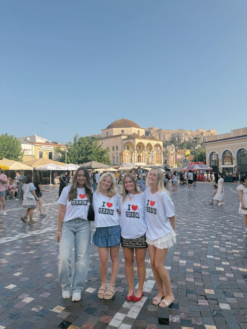 Anna and friends wearing I love Greece tee shirts 