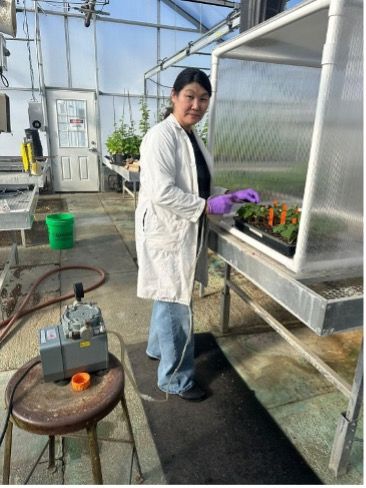 Dukenbayeva wearing a white lab coat and purple gloves works with plants in a greenhouse research facility.