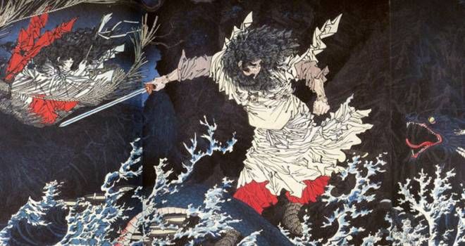 Artist interpretation of Susano'o slaying Orochi