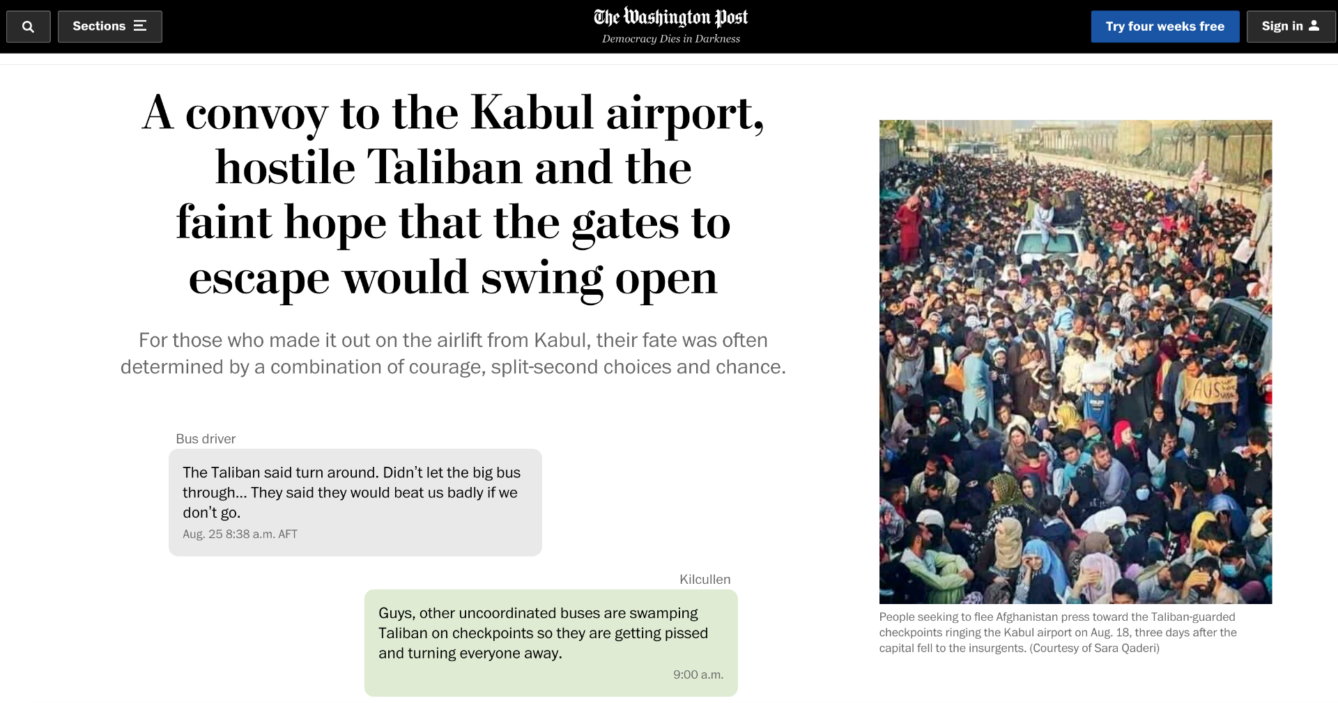 A screenshot of a digital Washington Post article. Jaffe, Greg; Witte, Griff.  “A convoy to the Kabul airport, hostile Taliban and the faint hope that the gates to escape would swing open.” The Washington Post, Sept. 10, 2021