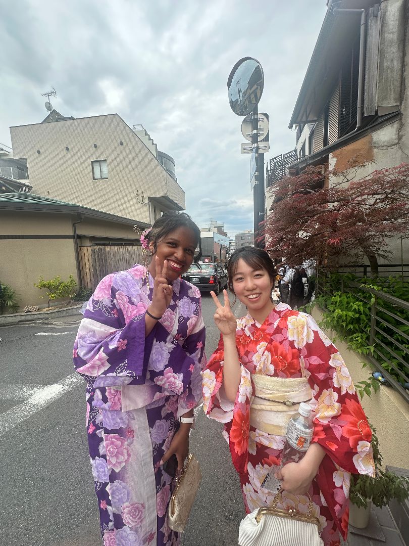 Mykalyn and friend wearing traditional Japanese kimonos