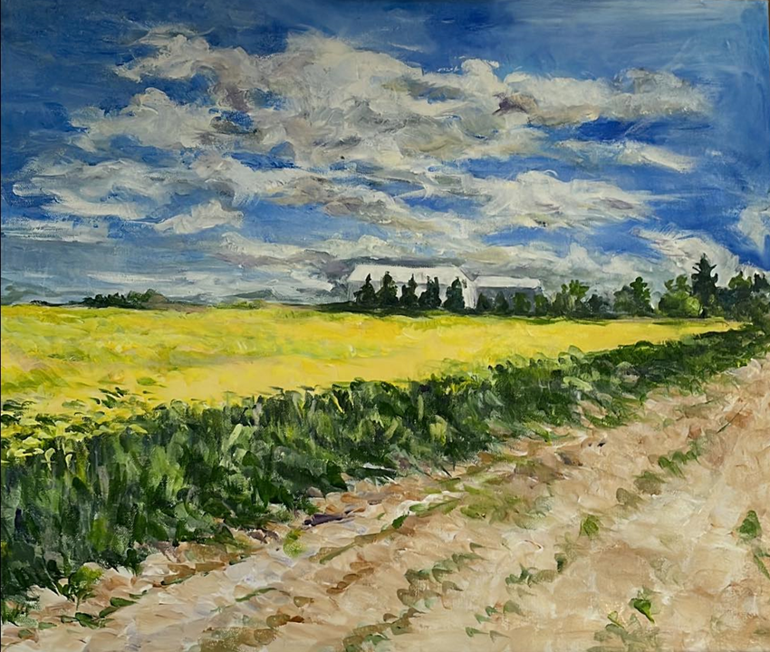 Impressionist landscape painting of a Ukrainian landscape, with a blue sky full of clouds and yellow fields. A white house is in the background.