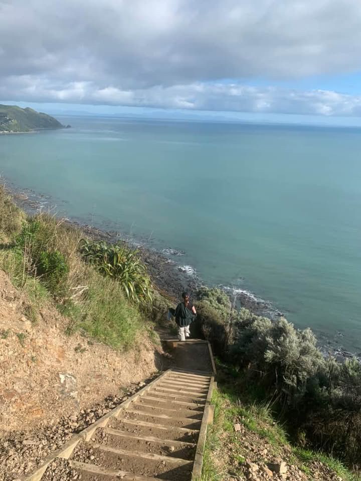 Mia walking done cement stairs next to the ocean in New Zealand