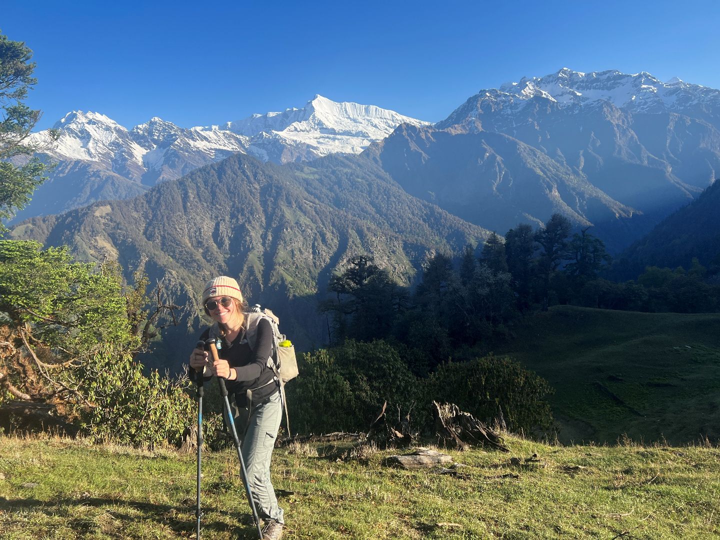 Katie treking atop a mountain in India