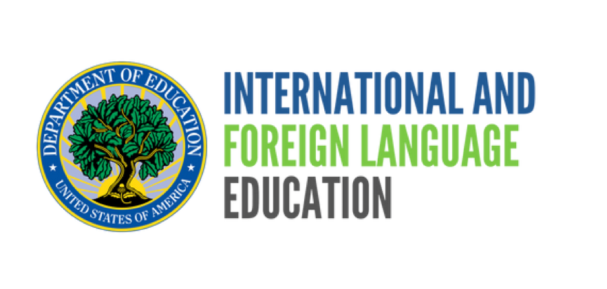 Logo with green tree and rays of sun, text "Department of Education, United States of America, International and Foreign Language Education"