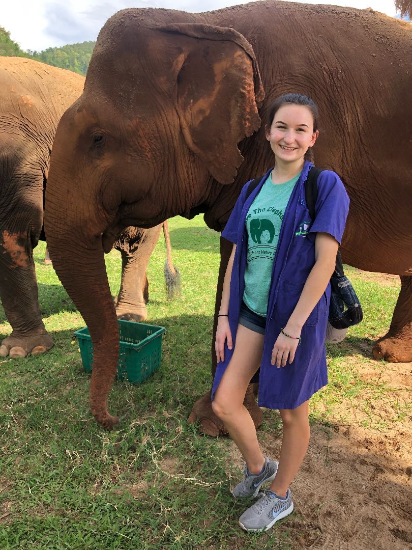 Anne with elephant in Thailand