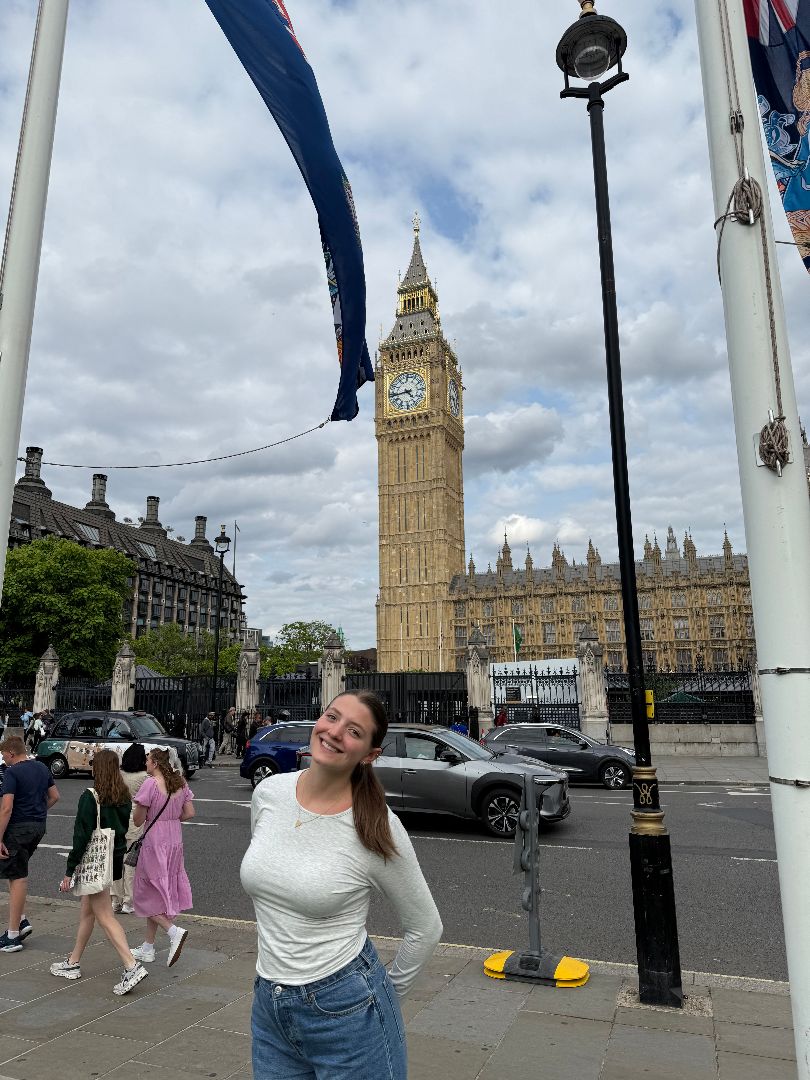 Savannah posing on the streets of London in front of Big Ben