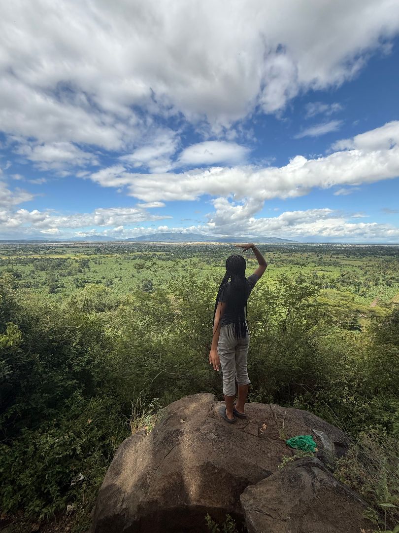 Brianna standing on a rock looking over the savanah