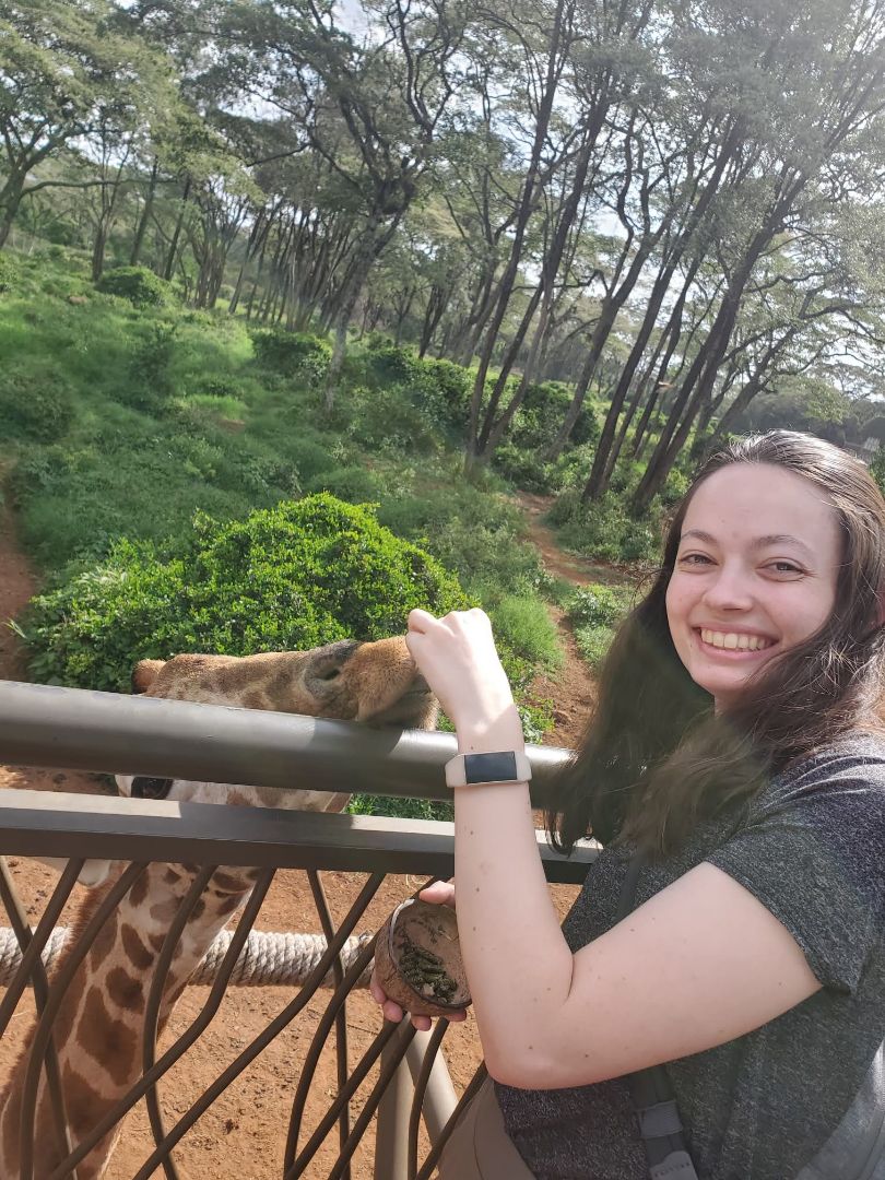 Rachel feeding a giraffe in Kenya