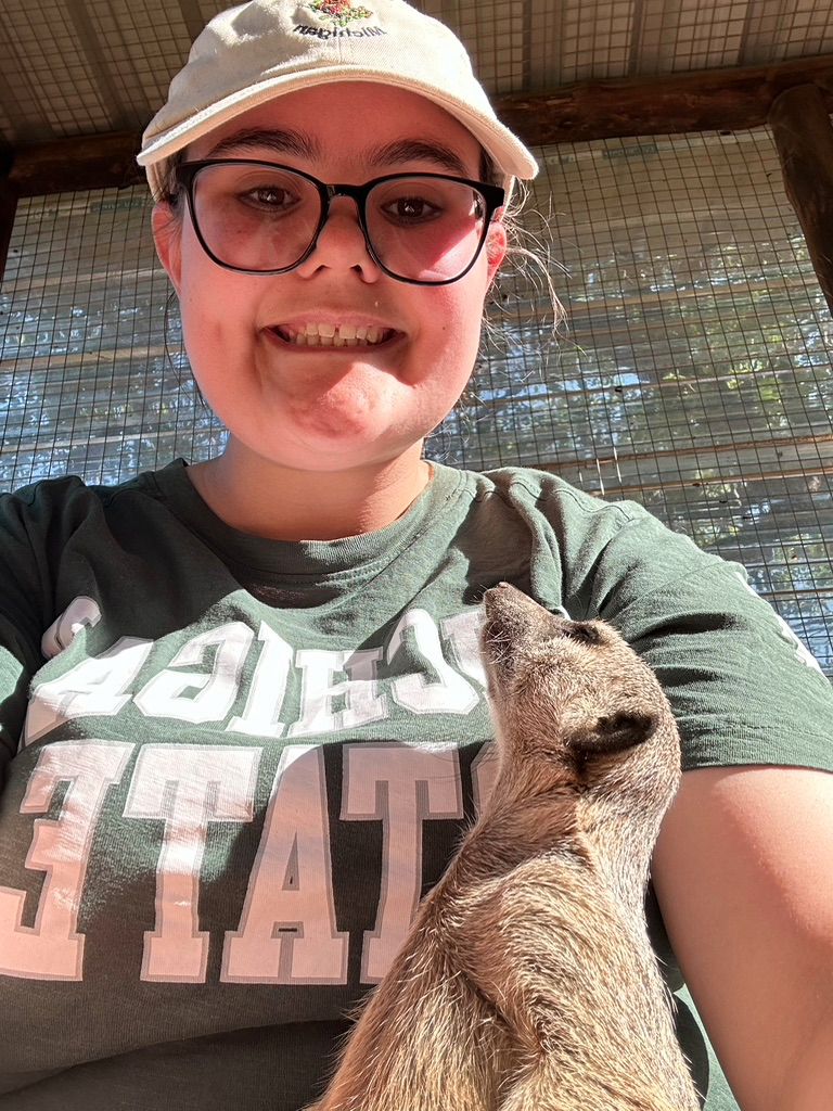 Chloe wearing and MSU shirt with a meerkat looking up at her