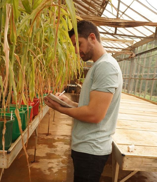 Timothy Silberg takes notes in front of large plants in a greenhouse.