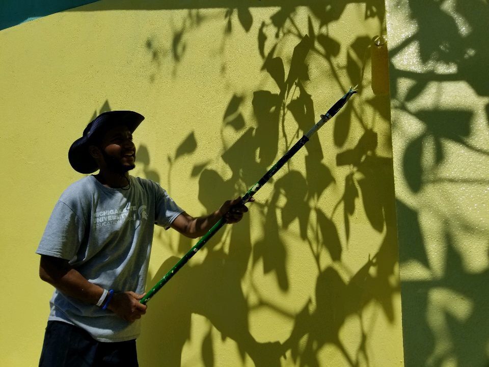 Johnson paints a yellow wall, the shadows of a nearby tree dancing on the wall.
