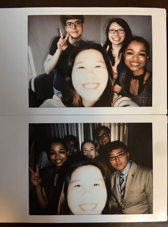 two Polaroid pictures of people smiling
