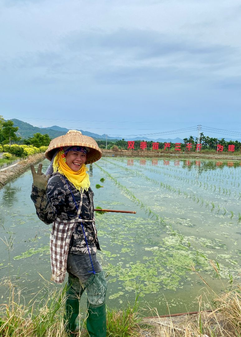 woman in a straw hat and work clothes smiles and poses in a rice paddy