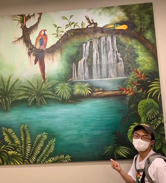 Michael standing next to artwork of a waterfall and parrot in Costa Rica