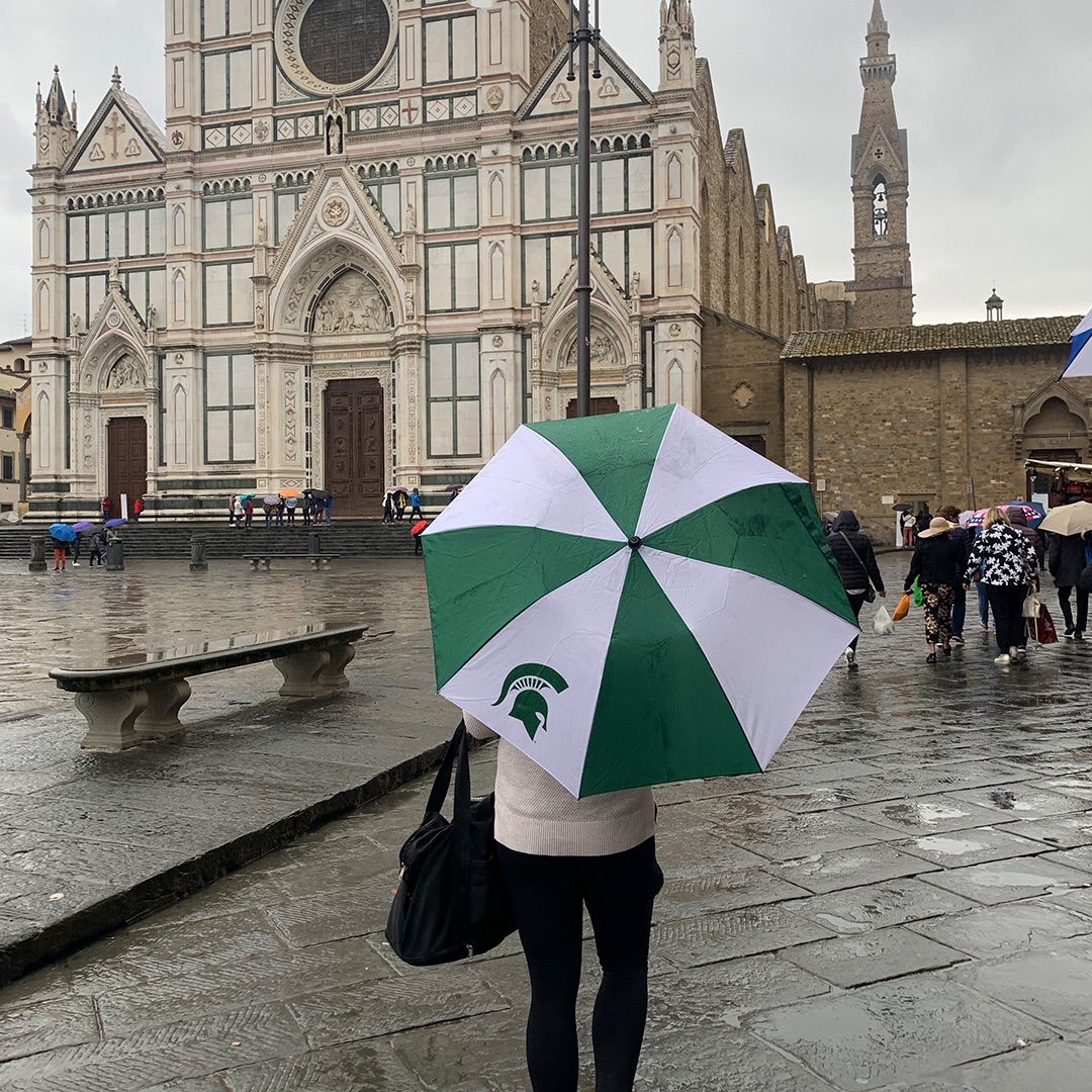 Woman with her back to camera holding an umbrella walking towards an ornate stone cathedral