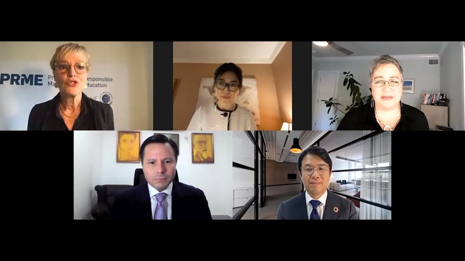 Screenshot of five presenters during virtual presentation at the UN Global Compact Virtual Leader Summit