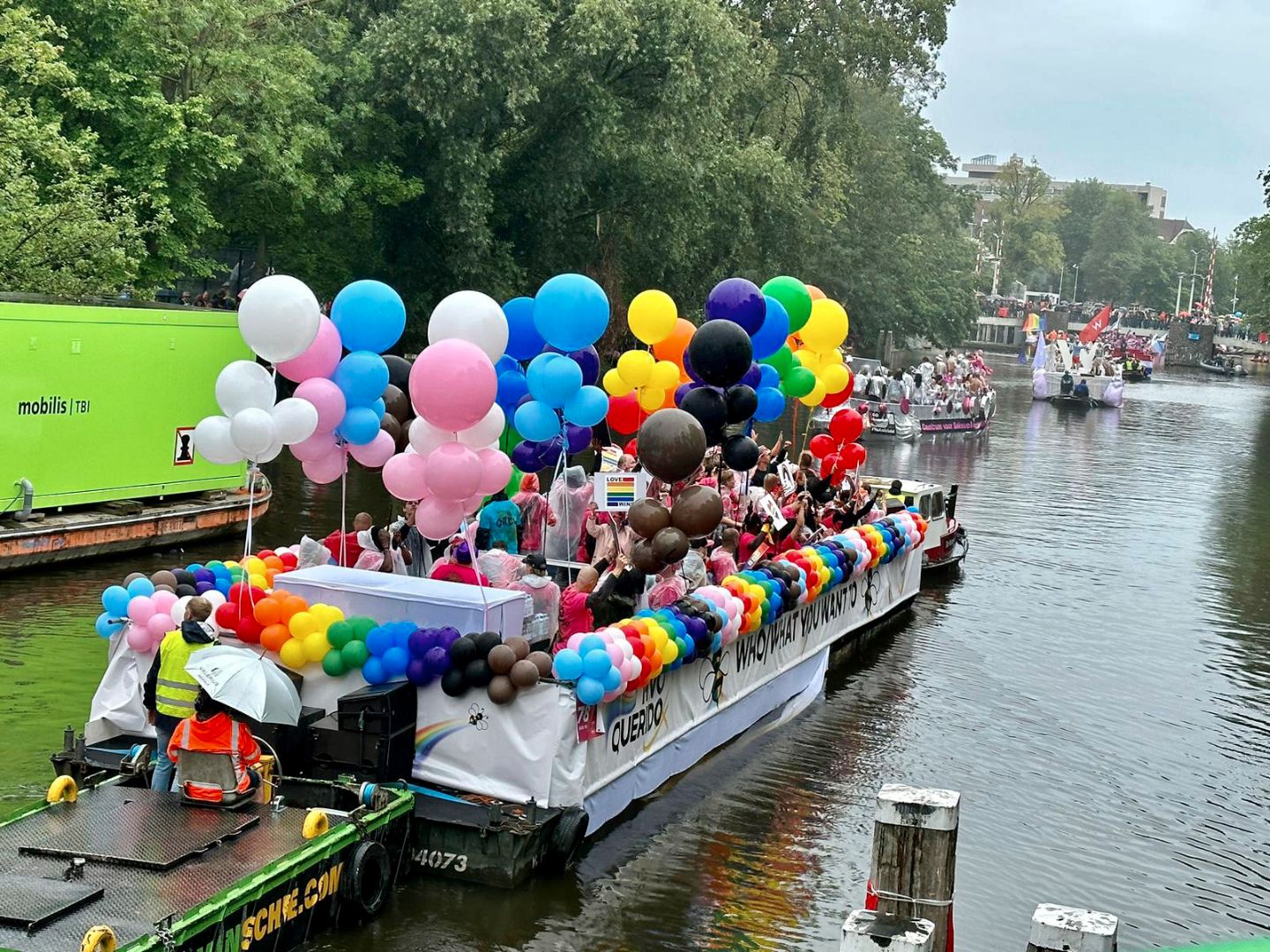 Boat decorated with colorful balloons in Amsterdam