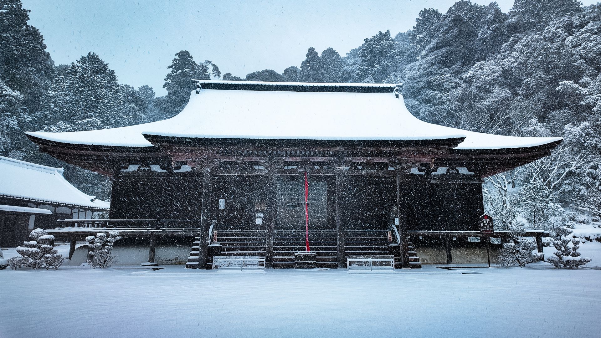 Snow on the main hall of Saimyo-ji