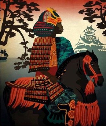 A painting of a man (Yasuke) on a horse